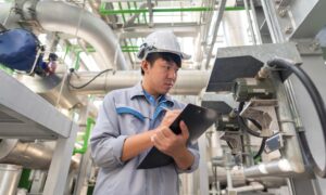 Engineer working and check valve at thermal power plant factory